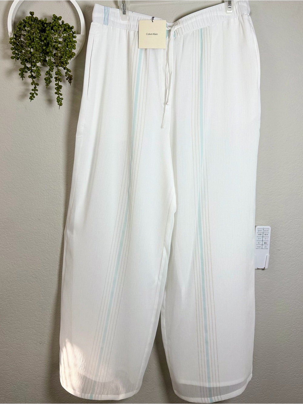 Calvin Klein Women’s White Striped Wide-Leg Pants Drawstring Pockets Size L - Picture 3 of 13